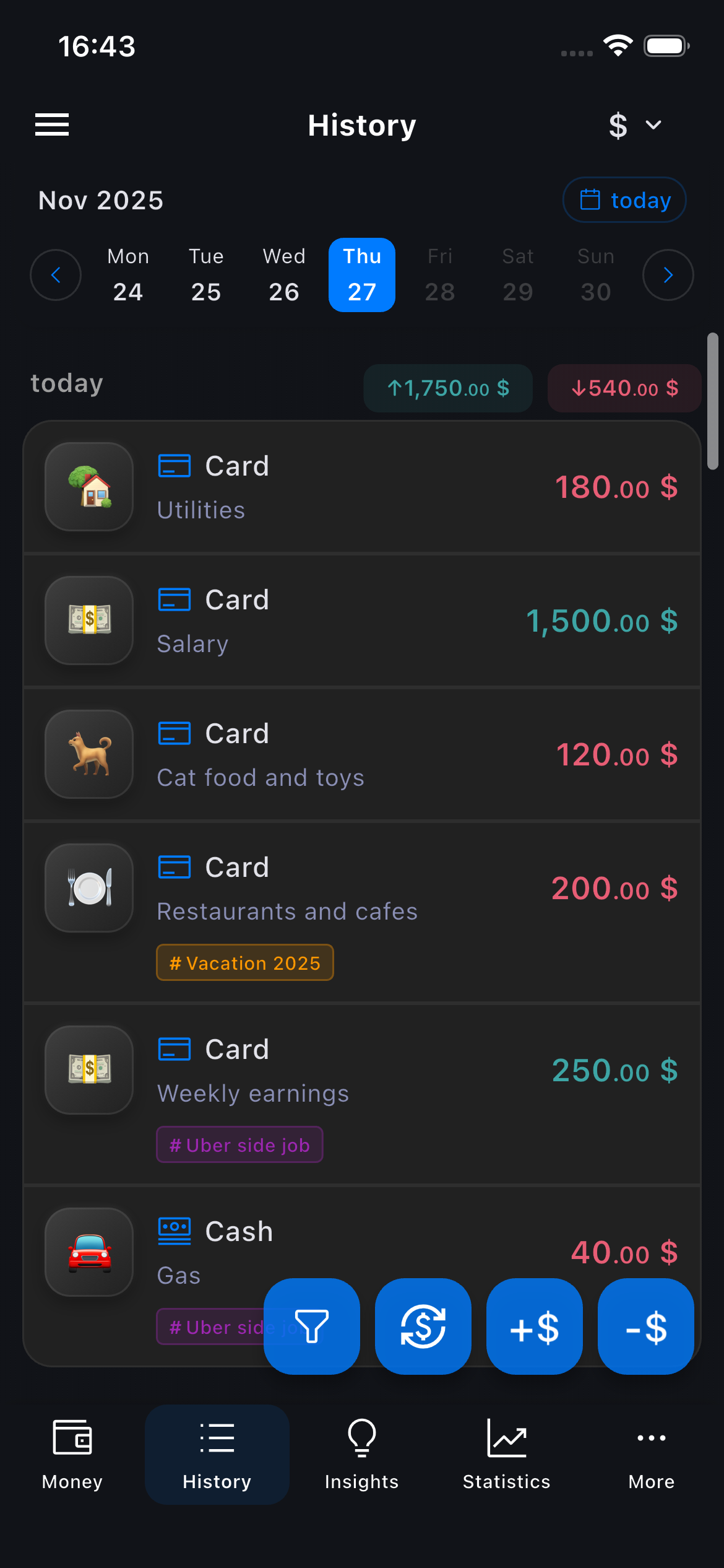 Transaction history with categorized expenses and income